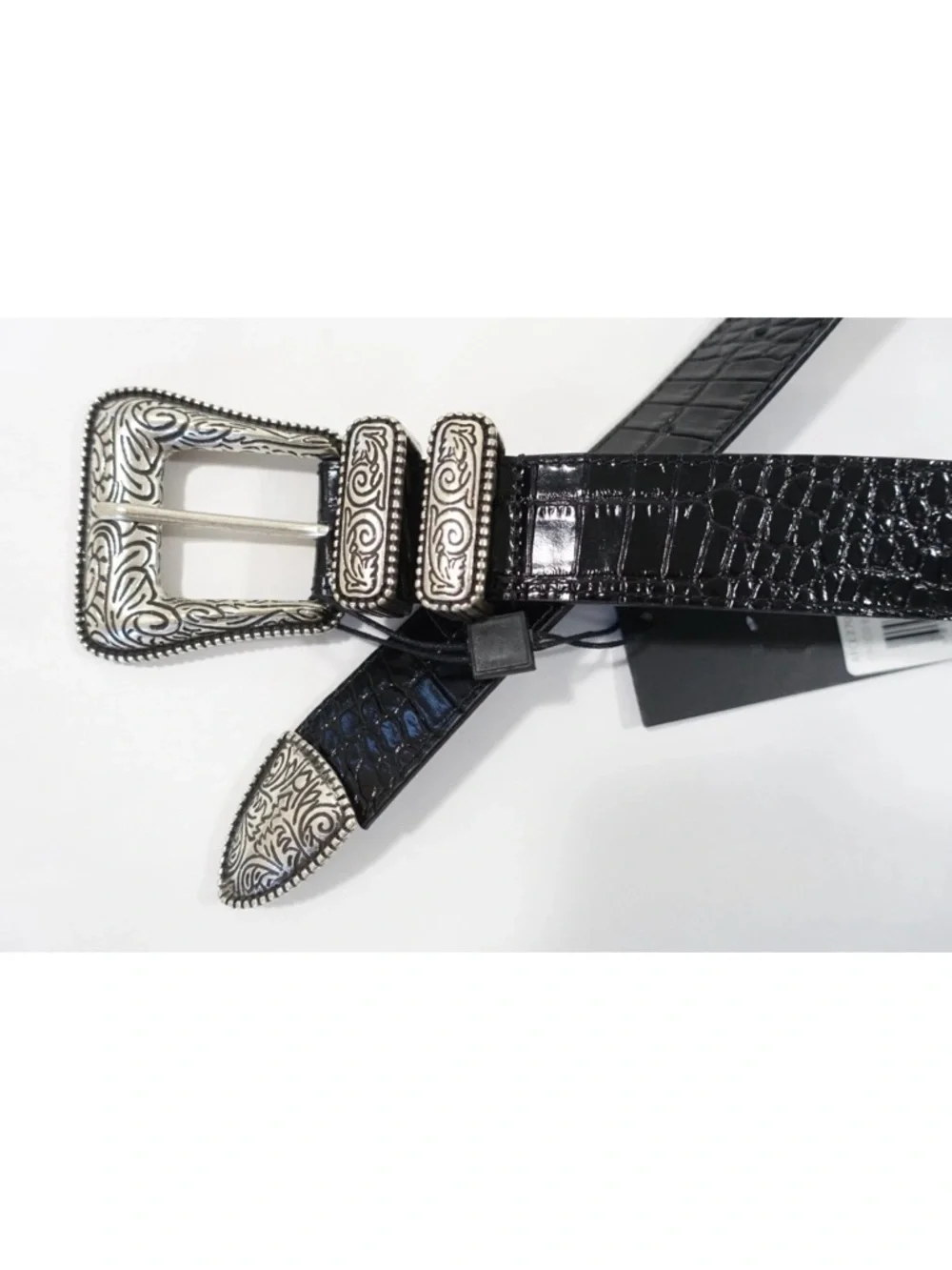 THE KOOPLES French Luxury Black Croc-Embossed Belt with Engraved Silver Buckle